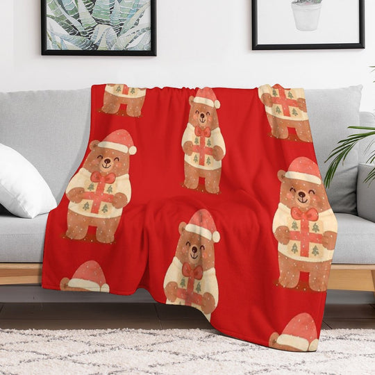 Cute Christmas Bear with Gift – Holiday Winter Illustration Travel-friendly Throw Blanket