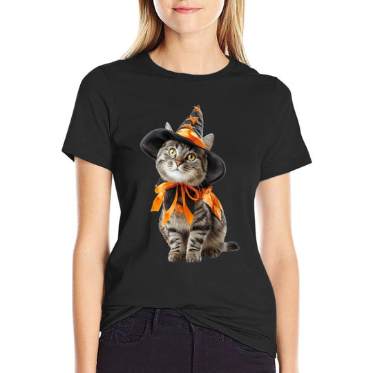 Cat Wearing Witch Wizard Costume Funny Halloween Graphic  Vintage-inspired T-Shirt