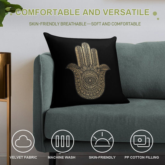 Golden Hamsa Hand Soft Hidden Zipper Throw Pillow