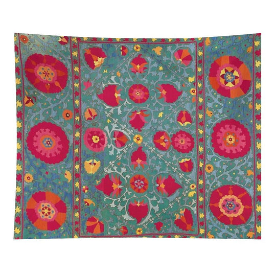 Bokhara Suzani Uzbekistan Embroidery Print With Sea Green Ground Print Tapestry