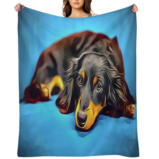 Sleepy Long Haired Brown Dachshund Plush Throw Blanket