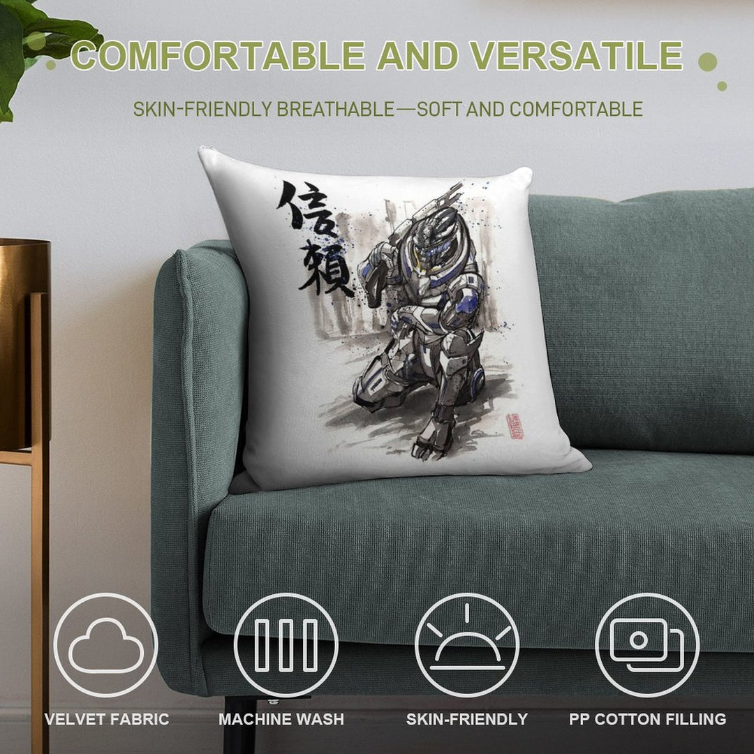 Mass Effect Garrus Sumie Style with Japanese Calligraphy Soft Ultra-Soft Texture Throw Pillow