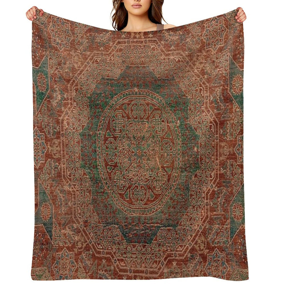 Bohemian Medallion I  15th Century Old Distressed Red Green Colorful Ornate Accent Rug Pattern Versatility Throw Blanket