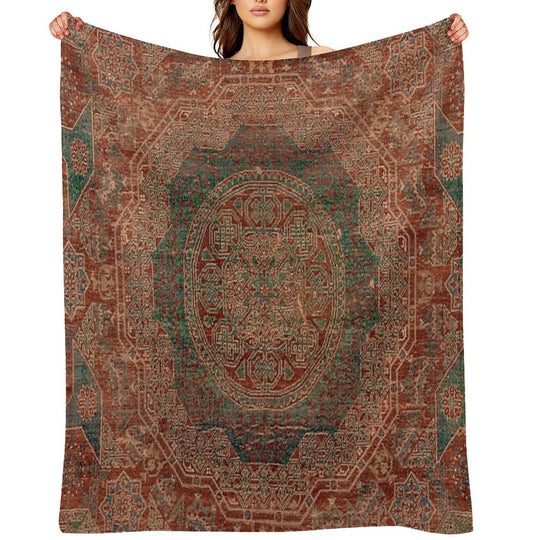 Bohemian Medallion I  15th Century Old Distressed Red Green Colorful Ornate Accent Rug Pattern Versatility Throw Blanket