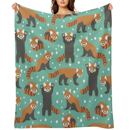 Cute Red Panda Pattern with White Dots And Turquoise Background Premium Throw Blanket