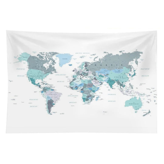 Map of The World in Shades of Teal Tapestry