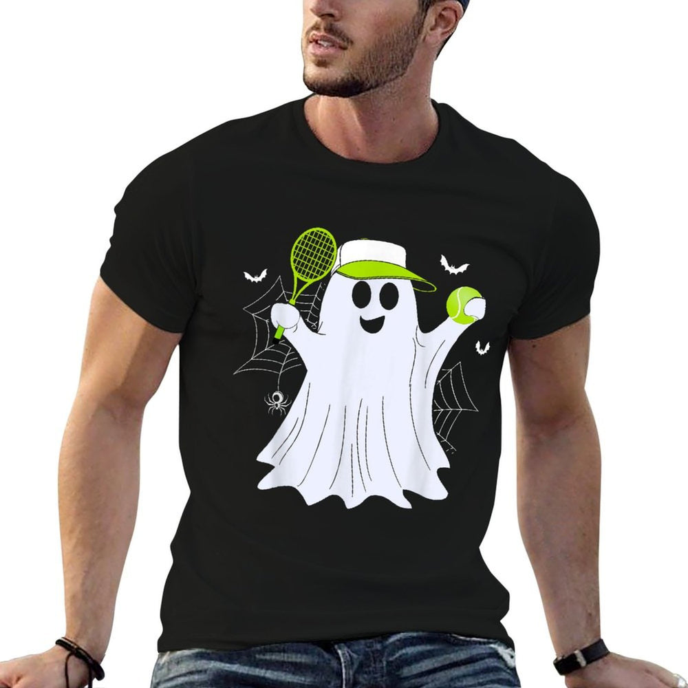 Boo Ghost Playing Tennis Funny Halloween Tennis Costume  Wrinkle-resistant T-Shirt