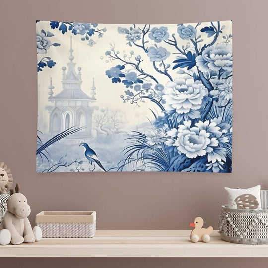 Cerulean Pastoral Pavillion Chinoiserie Tapestry