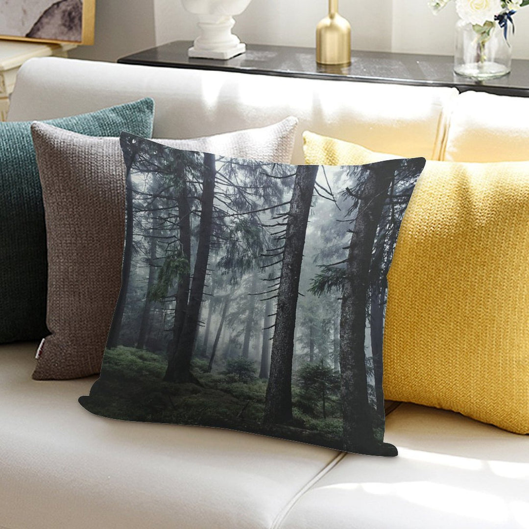Path Vibes  Wild Romantic Misty Retro Fall Wilderness Fairytale Forest With Cascadia Trees Covered In Magic Blue Fog Season Soft Reinforced Edging Throw Pillow