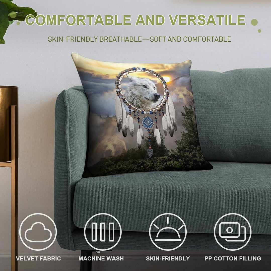 Wolf, Bear And Dream Catcher Soft High-Density Material Throw Pillow