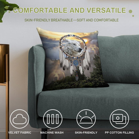 Wolf, Bear And Dream Catcher Soft High-Density Material Throw Pillow