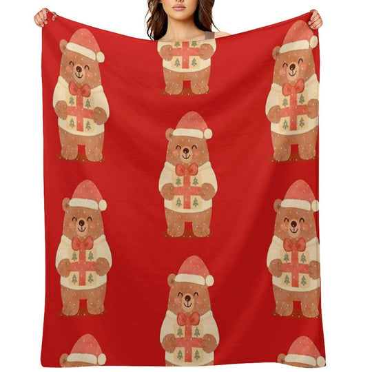 Cute Christmas Bear with Gift – Holiday Winter Illustration Travel-friendly Throw Blanket