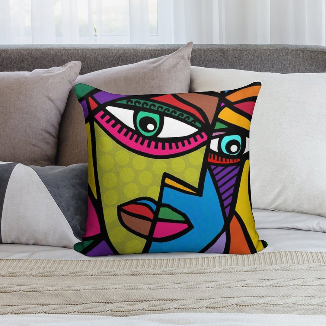 Funky Abstract Art Face with Dots And Stripes Soft Durable Construction Throw Pillow