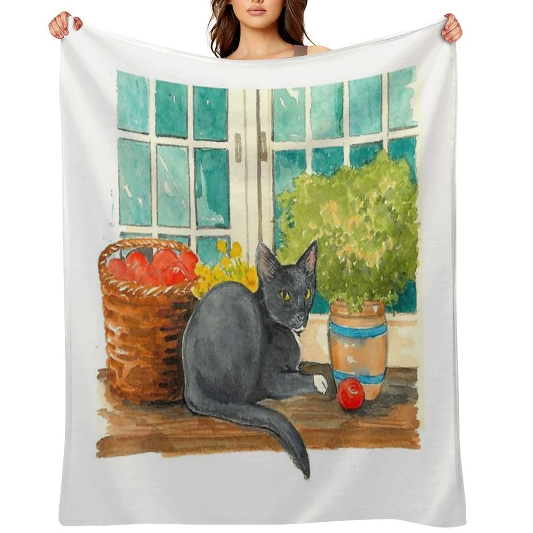 Black Cat on A Sunny Windowsill – Cozy Cottage Illustration Comfort Throw Blanket