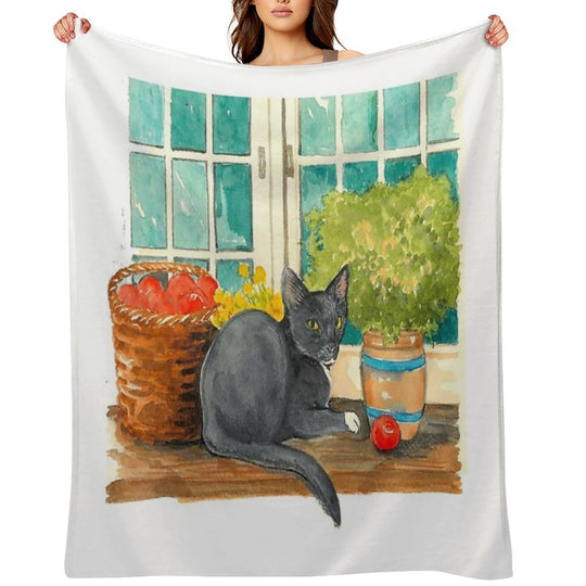 Black Cat on A Sunny Windowsill – Cozy Cottage Illustration Comfort Throw Blanket
