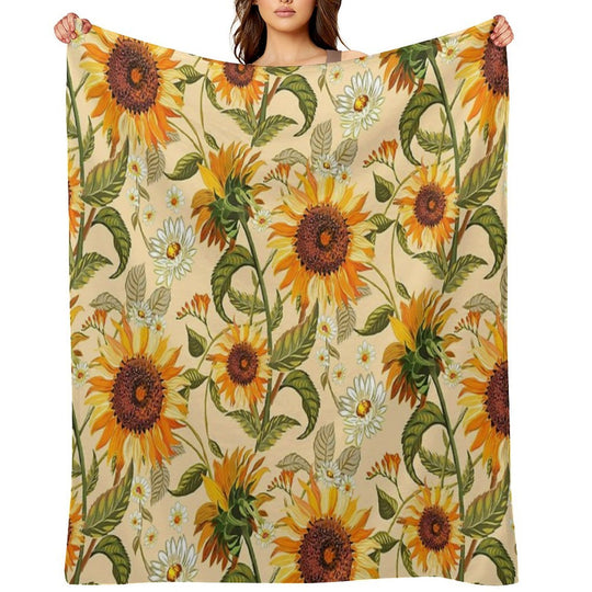 Sunflowers 70s Vintage Golden Retro Pattern, Yellow And Orange Flowers Lightweight Throw Blanket