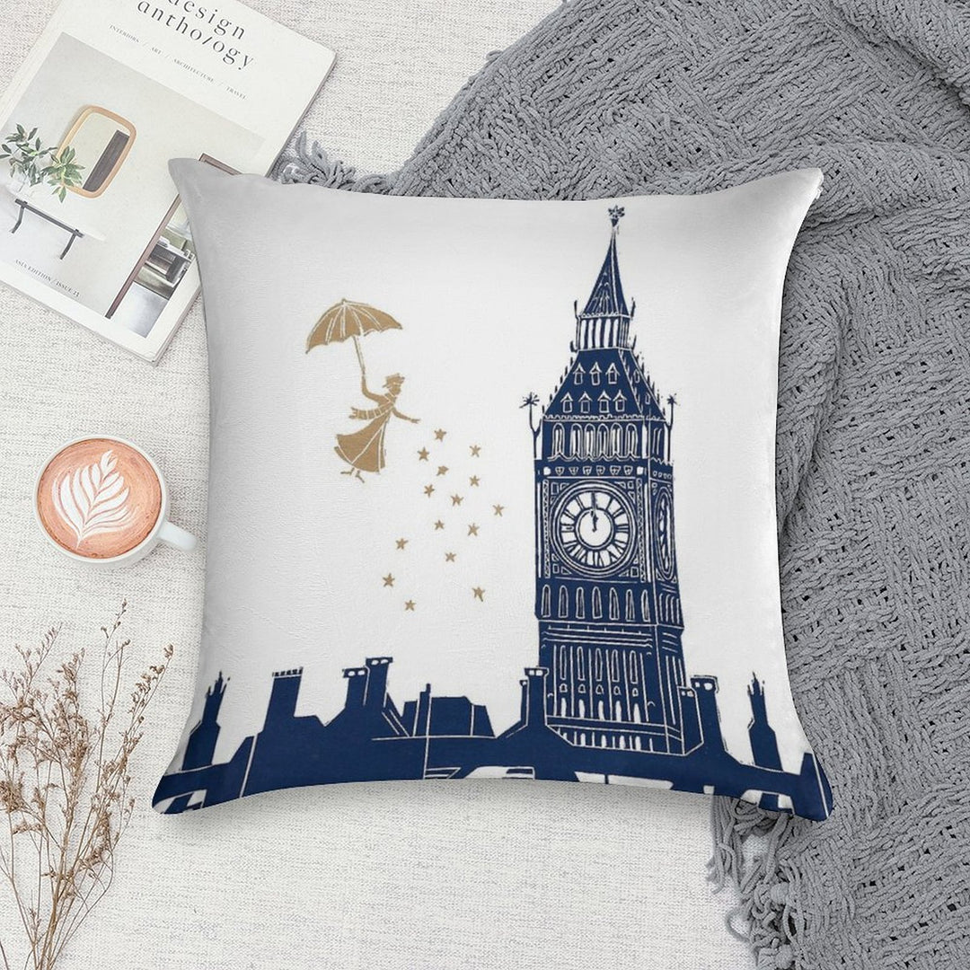 Mary Poppins And Big Ben Linocut Soft Hidden Zipper Throw Pillow