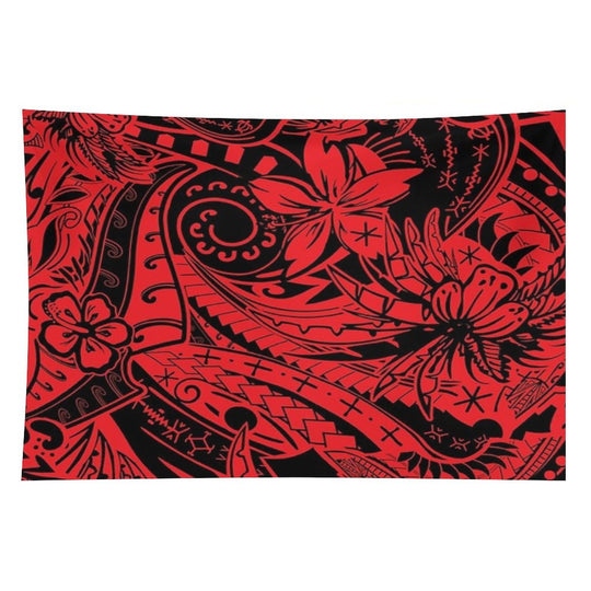 Polynesian Tribal Lava Red Leaf And Floral Print Tapestry