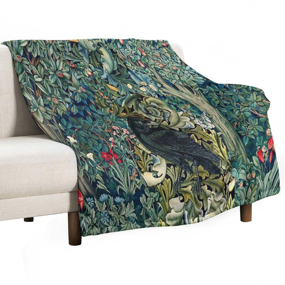 GREENERY, FOREST ANIMALS ,RAVEN ON ACANTHUS LEAVES Blue Green Floral Comfort Throw Blanket