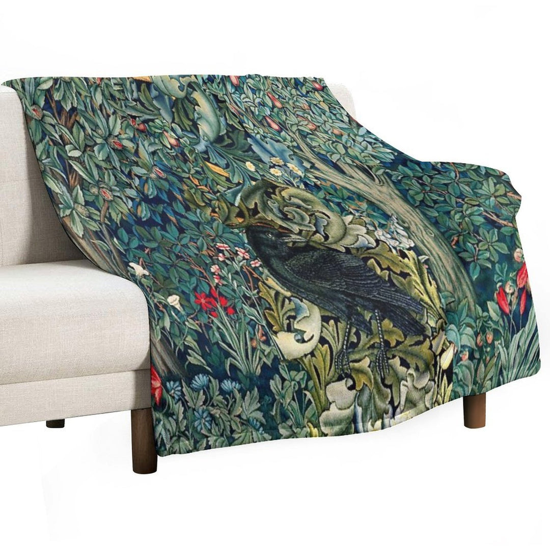 GREENERY, FOREST ANIMALS ,RAVEN ON ACANTHUS LEAVES Blue Green Floral Comfort Throw Blanket