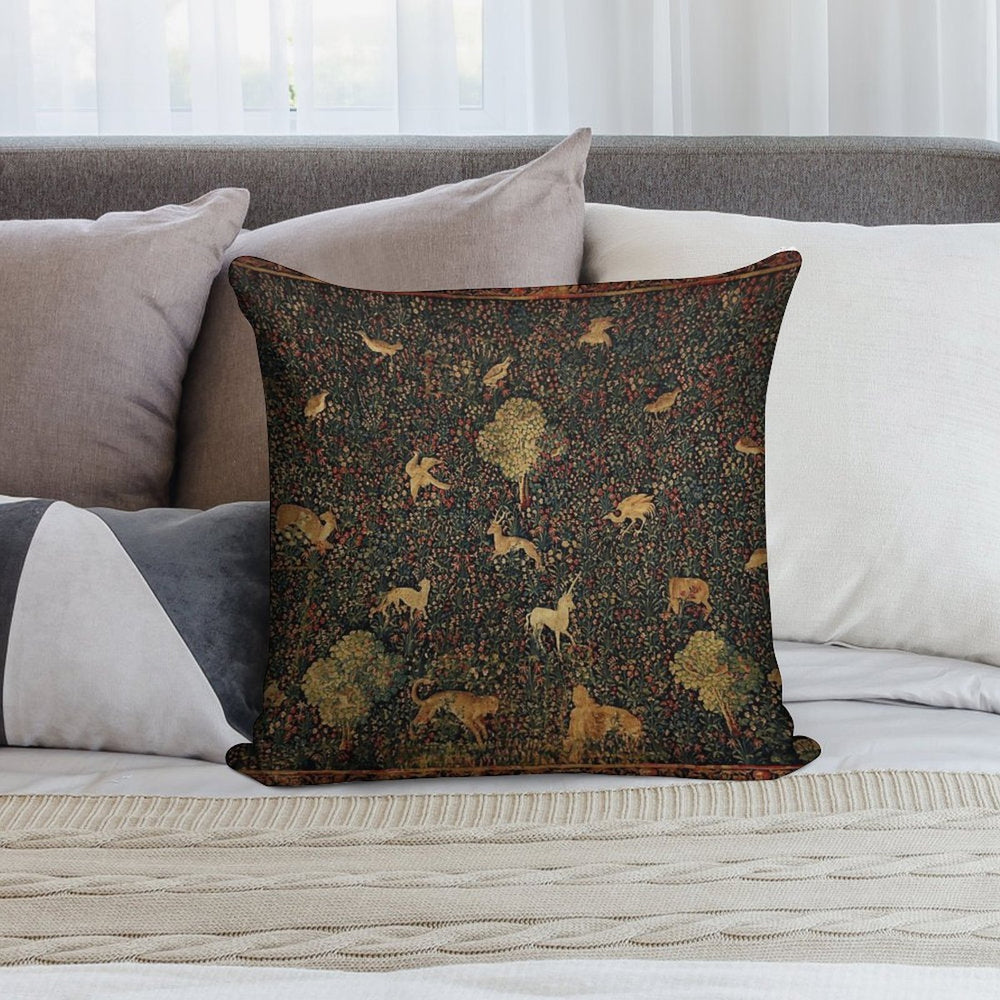 UNICORN AND MEDIEVAL BESTIARY Millefleurs Red Green Floral Tapestry ,Forest Animals, Soft Ultra-Soft Texture Throw Pillow