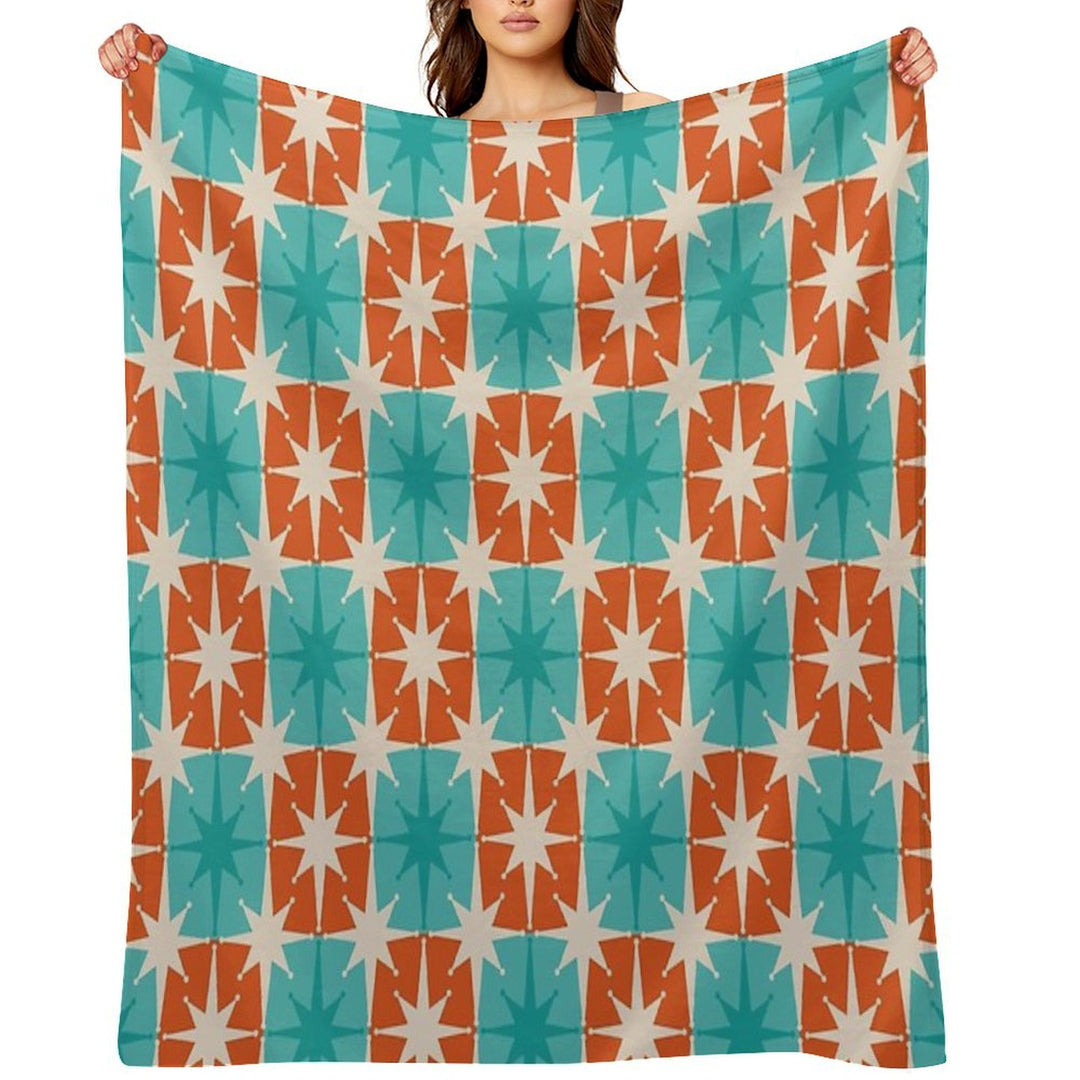 Mid Century Modern Atomic Stars Retro Checkered Starburst Pattern in Teal Turquoise Orange Plush Throw Blanket