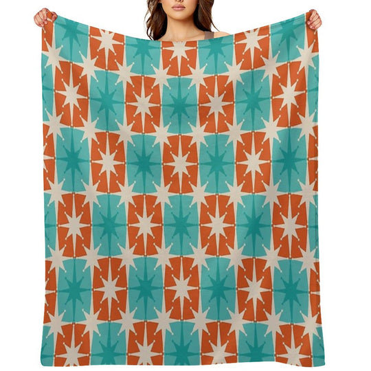 Mid Century Modern Atomic Stars Retro Checkered Starburst Pattern in Teal Turquoise Orange Plush Throw Blanket