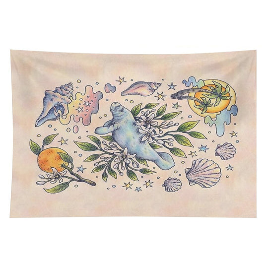 Orange Blossom Manatee  Ocean Tropical Art Tapestry