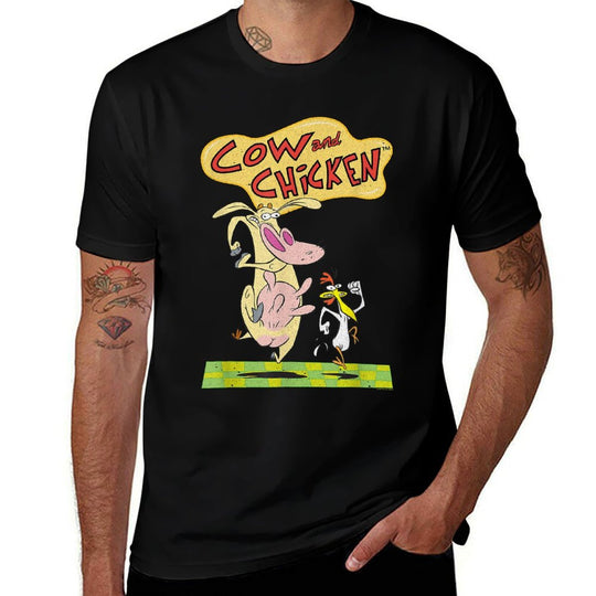 Cow And Chicken Vintage Running Characters Cartoon  Stretchy T-Shirt