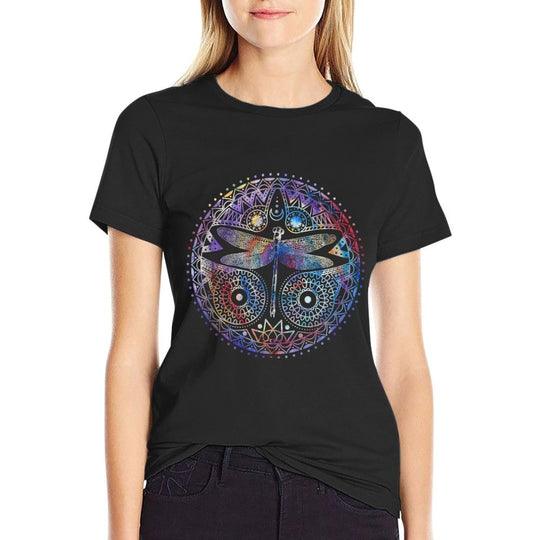 Colorful Dragonfly Crescent Moon Magical Mandala Design Gift  Ribbed Collar T-Shirt