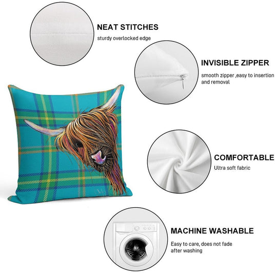 SCoTTiSH HiGHLaND CoW ' TaRTaN NooDLeS B ' by SHiRLeY MacARTHuR Soft Multiple Sizes Throw Pillow