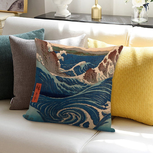 JAPAN UKIYO-E UTAGAWA HIROSHIGE WAVES Soft Reinforced Edging Throw Pillow