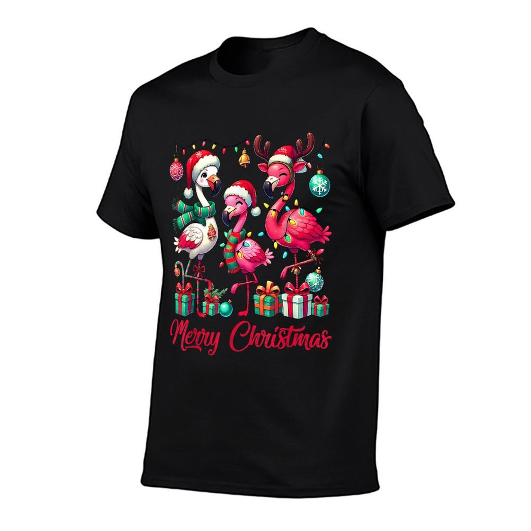 Merry Christmas Lights Flamingo Santa Hat Snow Xmas Pajamas  Moisture-wicking T-Shirt