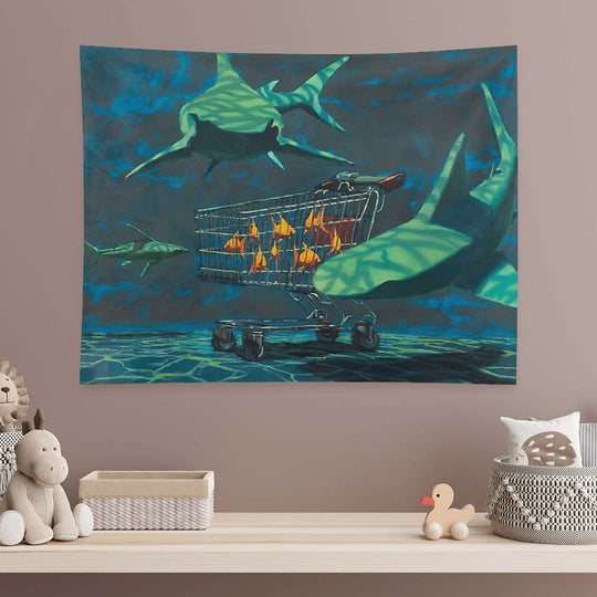 Sharks with Trolley Banksy Painting Tapestry