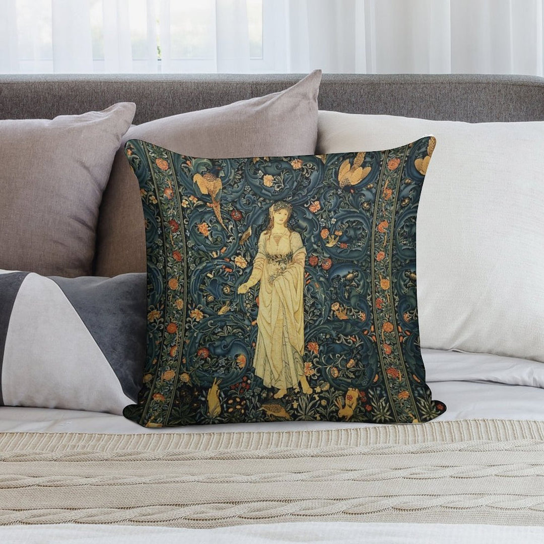 LADY FLORA, GREENERY, FOREST ANIMALS ,PHEASANT BIRDS ,RABBITS Blue Green Floral Tapestry Soft Warmth Comfort Throw Pillow