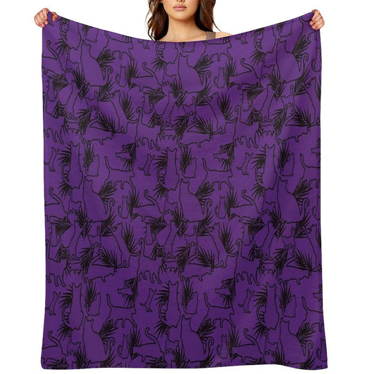 Feral Flora Gothic Cat Pattern with Jungle Flair in Black Shrink-resistant Throw Blanket