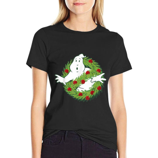 Ghostbusters Classic Logo Christmas Wreath Graphic  Rolled Sleeves T-Shirt