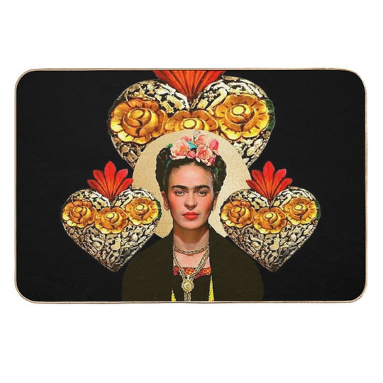 Frida Kahlo Portrait Color, Flowers And Sacred Heart, Black Background  Easy To Clean Bath Mat