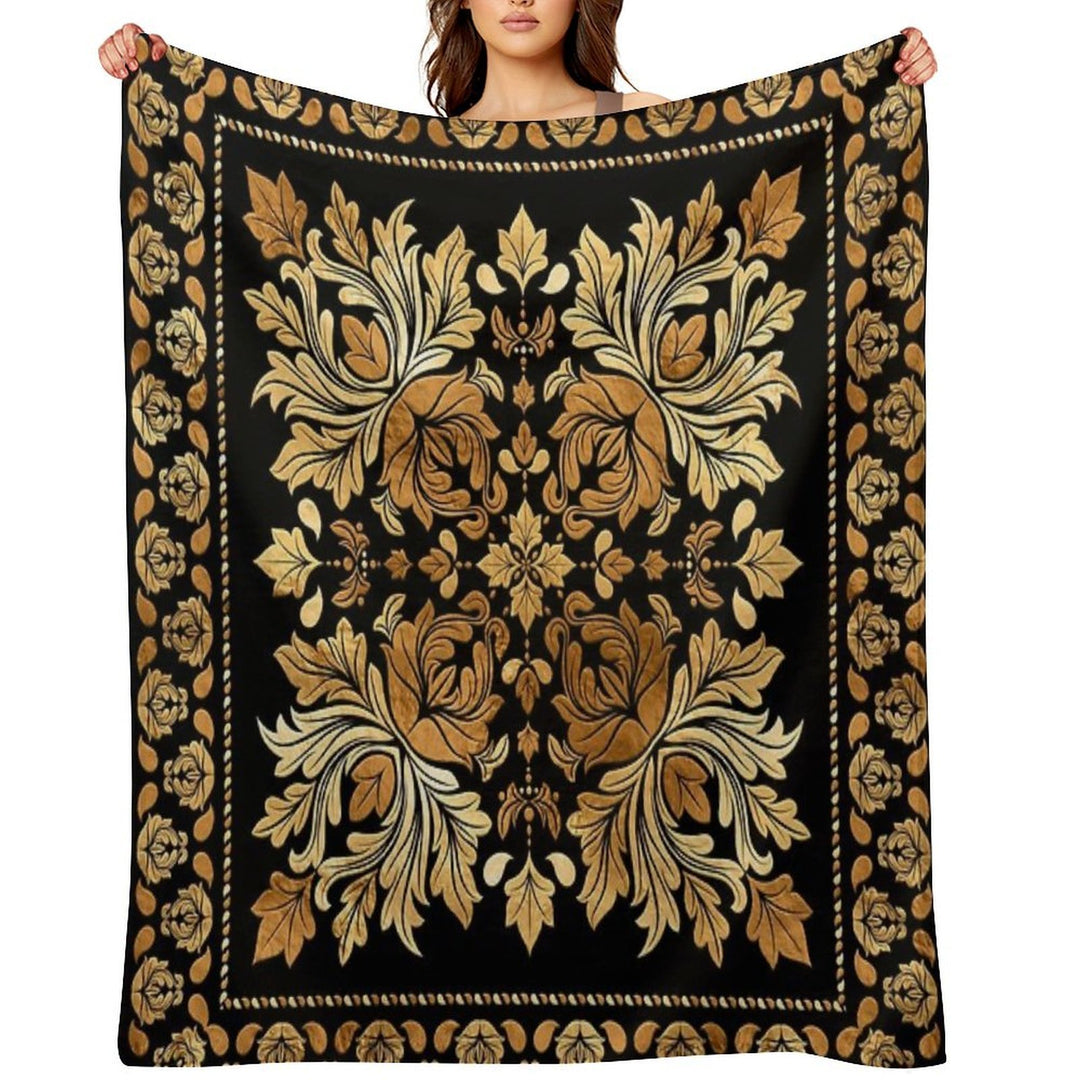 Oriental Vintage Damask Ornament - Black And Gold All-season Throw Blanket