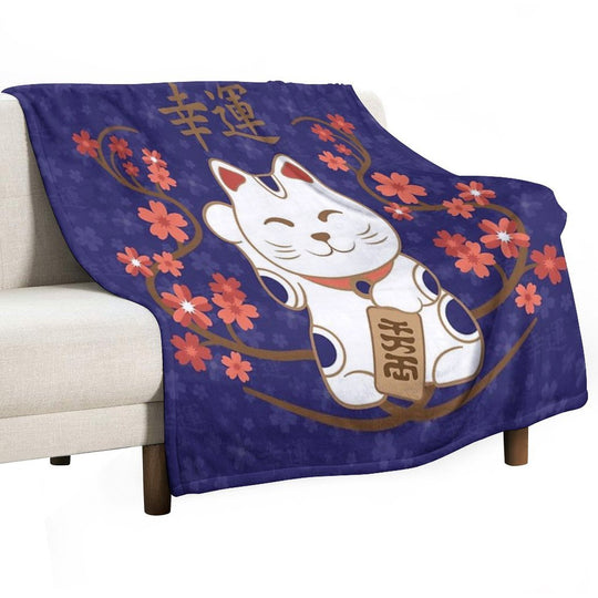 Maneki-neko Cat with Good Luck Kanji Comfort Throw Blanket