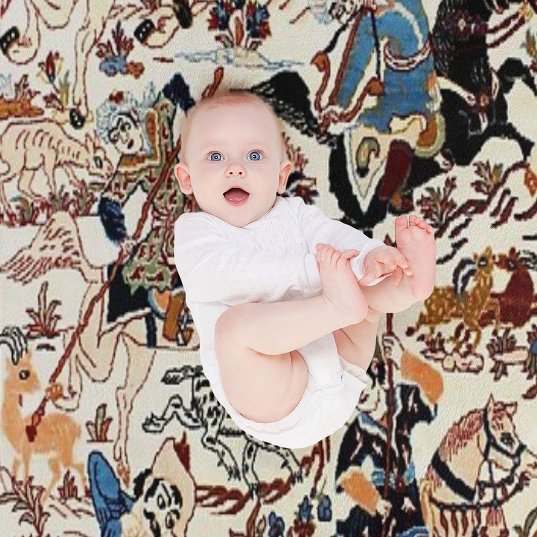 Blue Antique Persian Isfahan Silk Rug with Flowers Animals Print Anti-pilling Throw Blanket