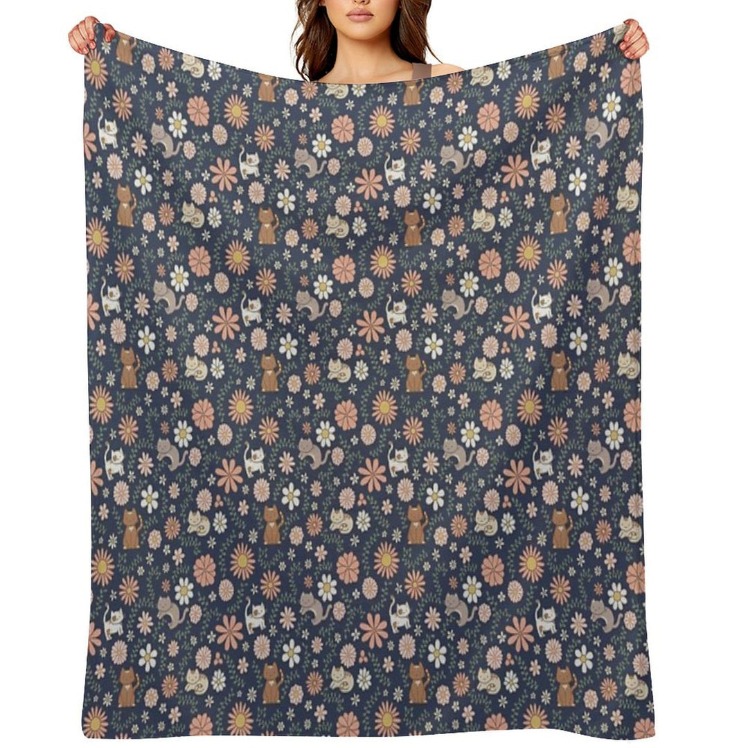 Flower Meower (Navy) Comfort Throw Blanket