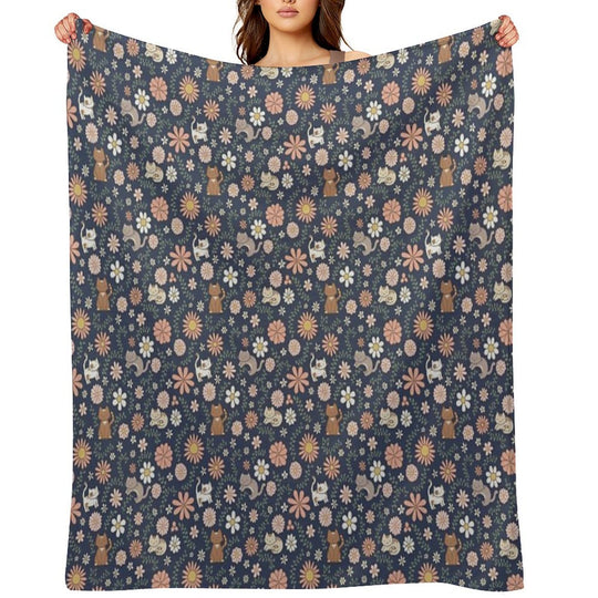 Flower Meower (Navy) Comfort Throw Blanket