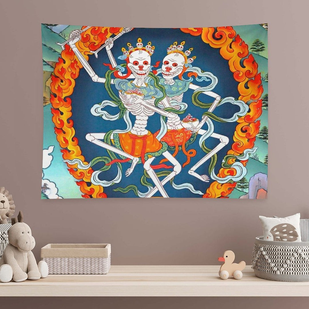 Citipati Tibetan Buddhist Thangka - Dancing Skeletons - Poster Tapestry