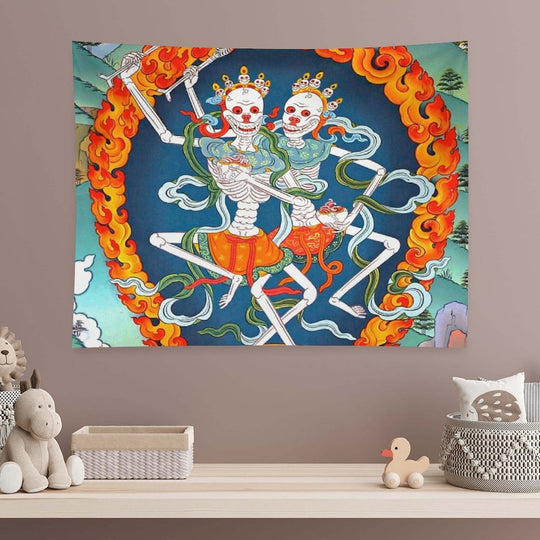 Citipati Tibetan Buddhist Thangka - Dancing Skeletons - Poster Tapestry