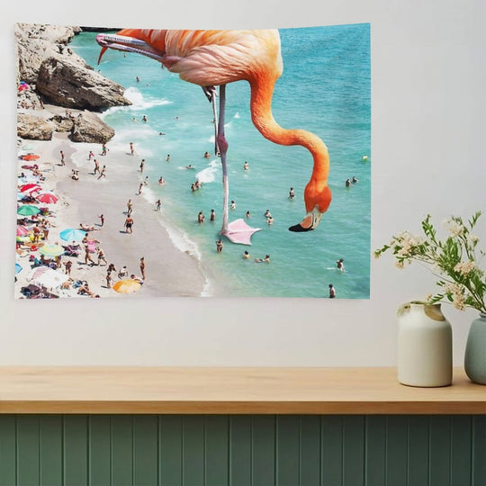 Flamingos on The Beach, Wildlife Surrealism Birds, Nature Flamingo Fantasy Beach Summer Photography Tapestry