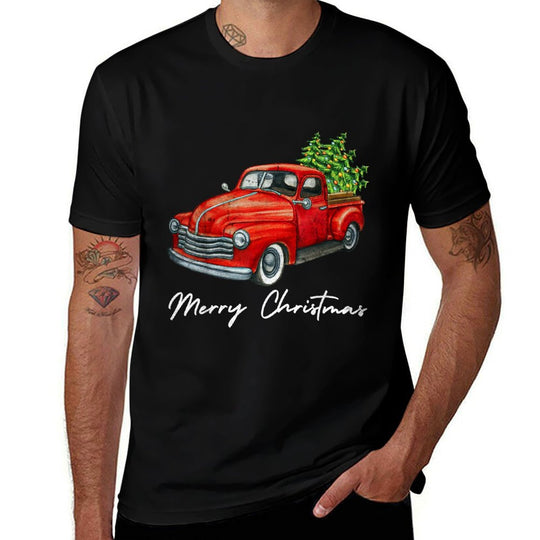 Vintage Wagon Christmas Tree on Red Truck Car Xmas Vacation  Tagless Design T-Shirt