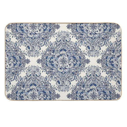 Floral Diamond Doodle in Dark Blue And Cream  Absorbent Bath Mat