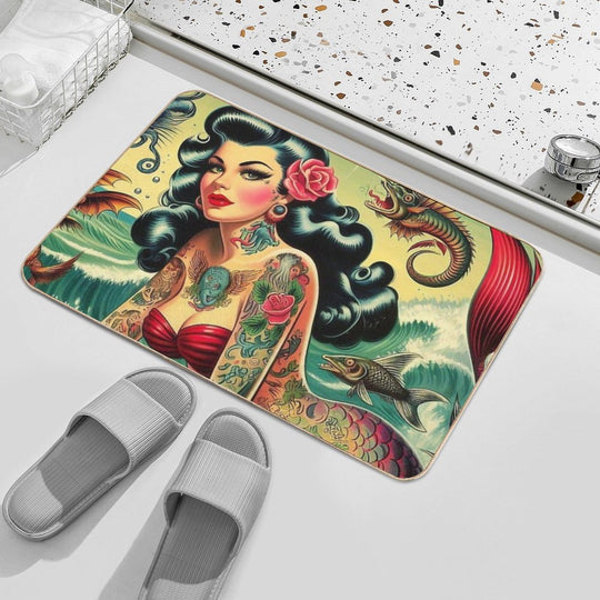 Retro Tattooed Mermaid  Multi-Purpose Bath Mat