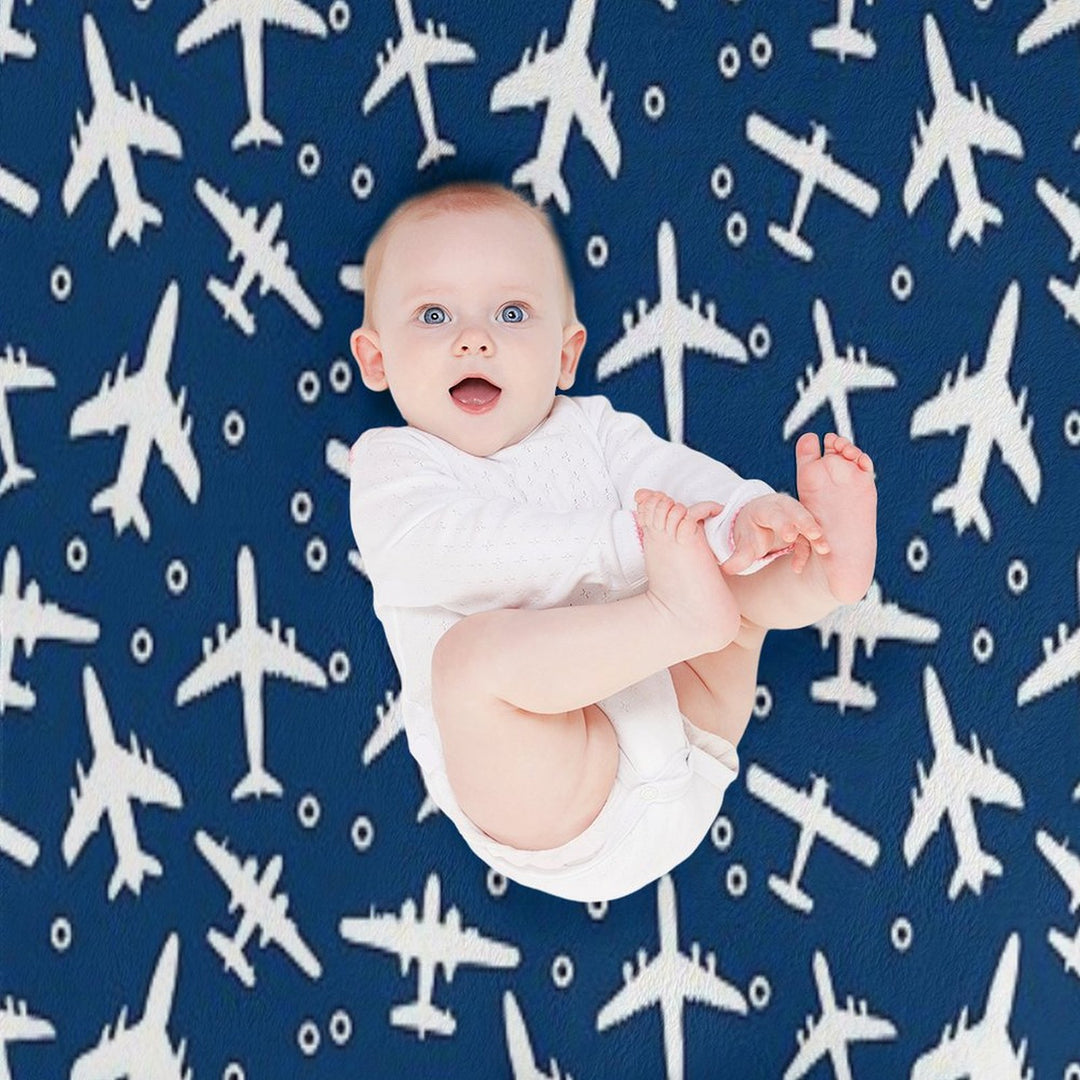 Blue And White Aeroplanes Silhouette Pattern Wrinkle-free Throw Blanket
